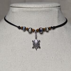 Silver Turtle Stainless Steel Ceramic Beaded Brown Boho Hippie Choker Necklace